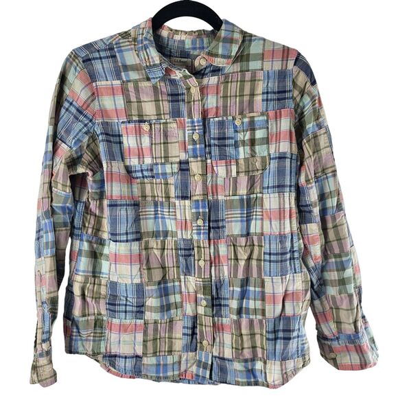 L.L. Bean Button Front Top S Womens Patchwork Multicolor Long Sleeve Cotton - Picture 1 of 9